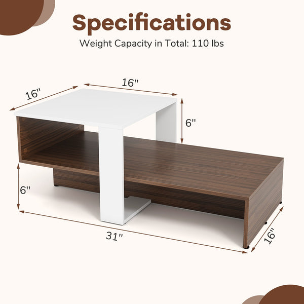 Table basse géométrique à deux niveaux avec étagères de rangement - Blanc et marron