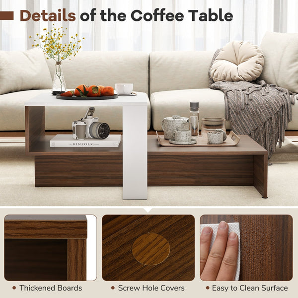 Table basse géométrique à deux niveaux avec étagères de rangement - Blanc et marron