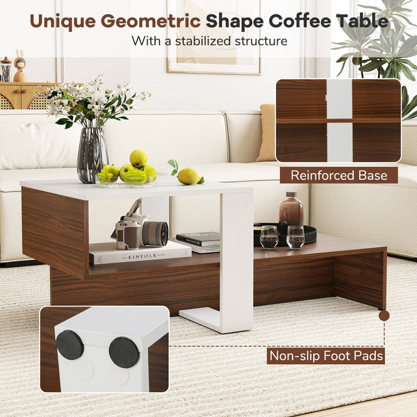 Table basse géométrique à deux niveaux avec étagères de rangement - Blanc et marron