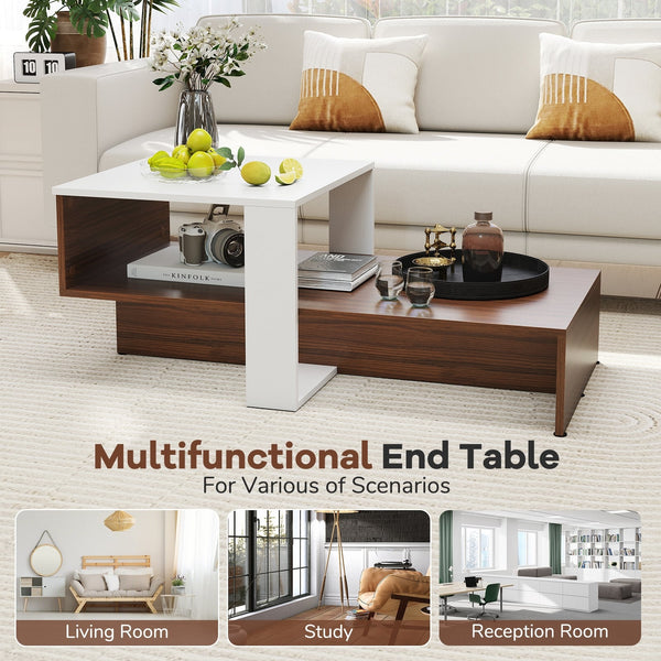 Table basse géométrique à deux niveaux avec étagères de rangement - Blanc et marron