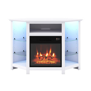 Meuble TV d'angle avec cheminée et lumières LED et commande intelligente par application pour téléviseur 50 pouces
