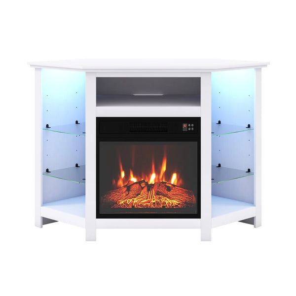 Meuble TV d'angle avec cheminée et lumières LED et commande intelligente par application pour téléviseur 50 pouces