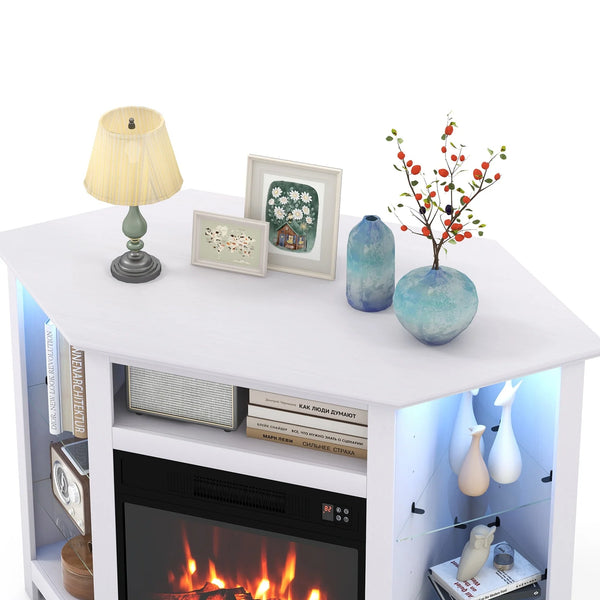 Meuble TV d'angle avec cheminée et lumières LED et commande intelligente par application pour téléviseur 50 pouces