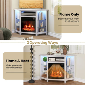 Corner TV unit with fireplace, LED lighting and smart control app for 50-inch TVs - White