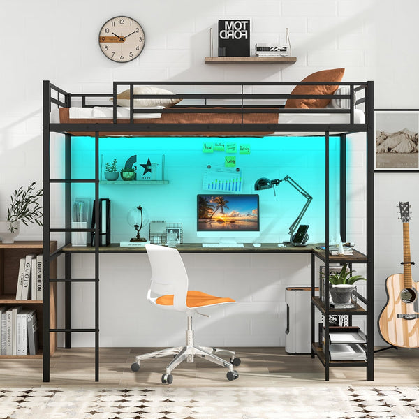 Lit mezzanine simple surélevé avec bureau et 2 étagères de rangement