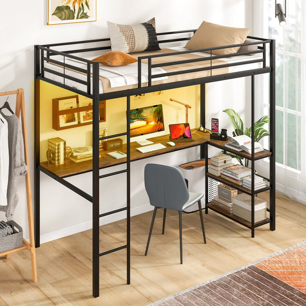 Lit mezzanine simple surélevé avec bureau et 2 étagères de rangement