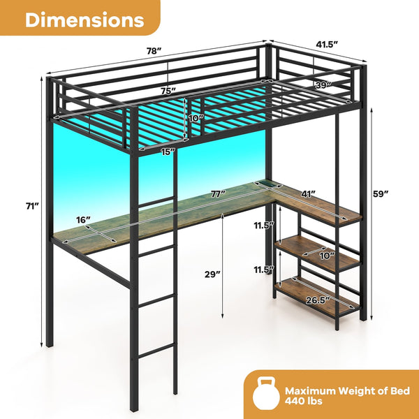 Lit mezzanine simple surélevé avec bureau et 2 étagères de rangement