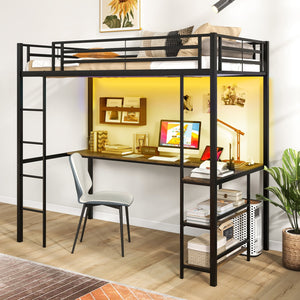 Lit mezzanine simple surélevé avec bureau et 2 étagères de rangement