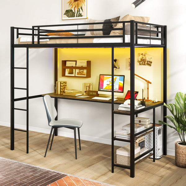 Lit mezzanine simple surélevé avec bureau et 2 étagères de rangement