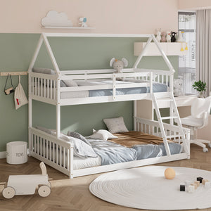 Single bunk bed over a double bed with ladder and guardrail - White