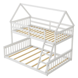 Single bunk bed over a double bed with ladder and guardrail - White