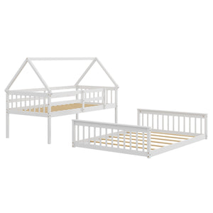 Single bunk bed over a double bed with ladder and guardrail - White