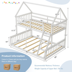 Single bunk bed over a double bed with ladder and guardrail - White