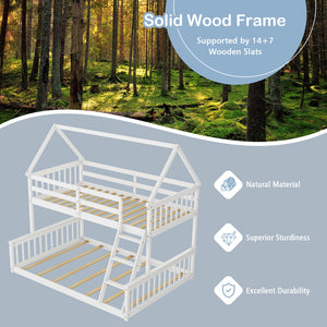 Single bunk bed over a double bed with ladder and guardrail - White