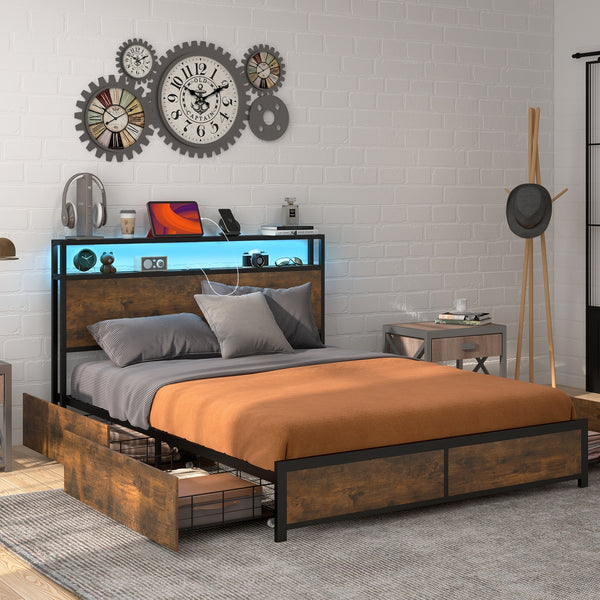 Double bed frame with smart LED lights and storage drawers - Full Size