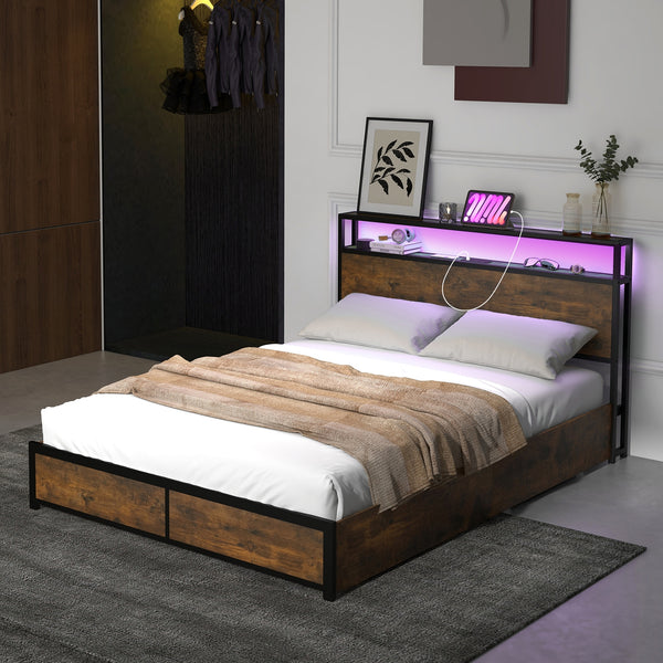Double bed frame with smart LED lights and storage drawers - Full Size