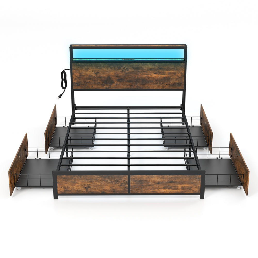 Double bed frame with smart LED lights and storage drawers - Full Size