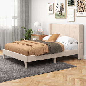 Double size upholstered bed frame with geometric wing headboard - Double size