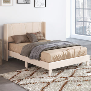 Double size upholstered bed frame with geometric wing headboard - Double size
