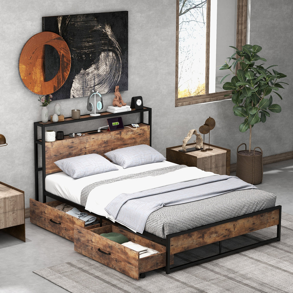 Double bed frame with 2-level headboard and charging station - Double size