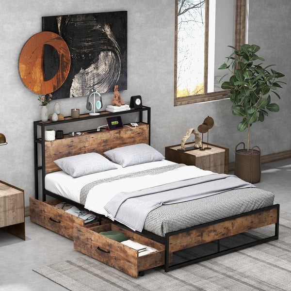 Double bed frame with 2-level headboard and charging station - Double size