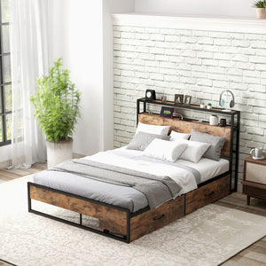 Double bed frame with 2-level headboard and charging station - Double size