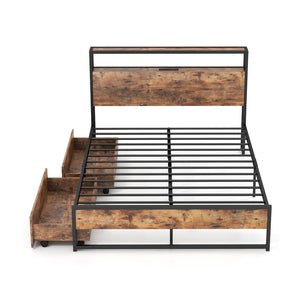 Double bed frame with 2-level headboard and charging station - Double size