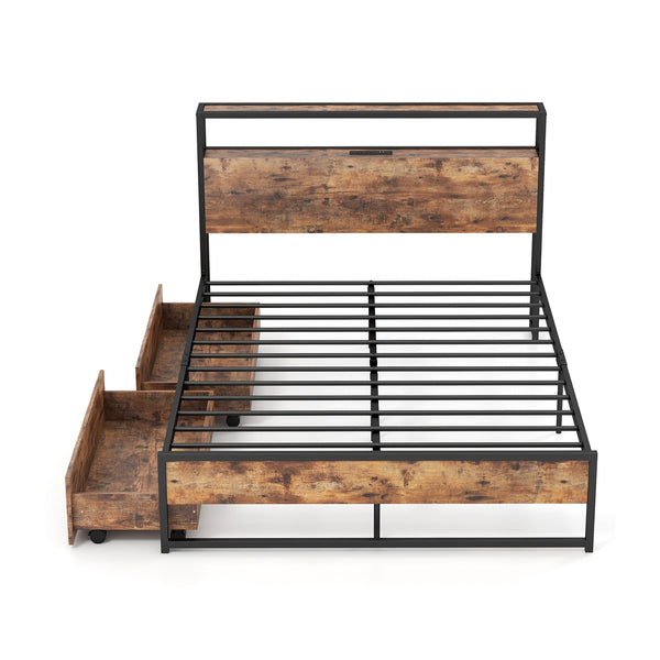 Double bed frame with 2-level headboard and charging station - Double size