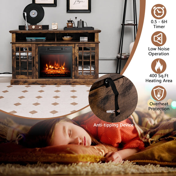 TV stand with integrated 48-inch fireplace and 18-inch fireplace insert for TVs up to 55 inches - Brown 