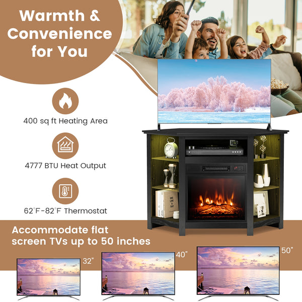 Meuble TV d'angle avec cheminée et lumières LED et commande intelligente par application pour téléviseur 50 pouces