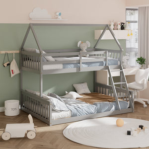 Single bunk bed over double bed with ladder and guardrail - Grey
