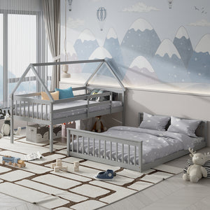 Single bunk bed over double bed with ladder and guardrail - Grey