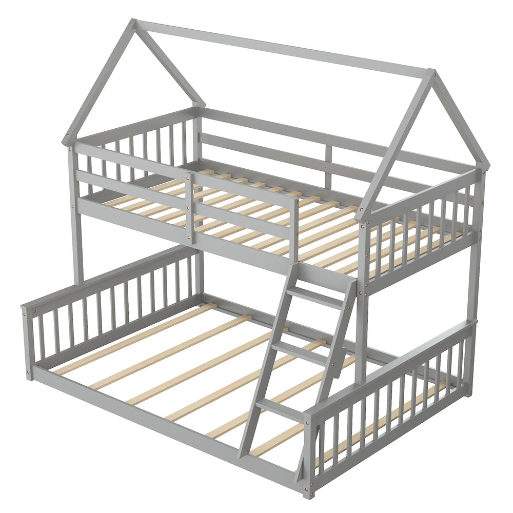 Single bunk bed over double bed with ladder and guardrail - Grey