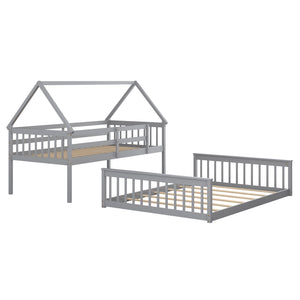 Single bunk bed over double bed with ladder and guardrail - Grey