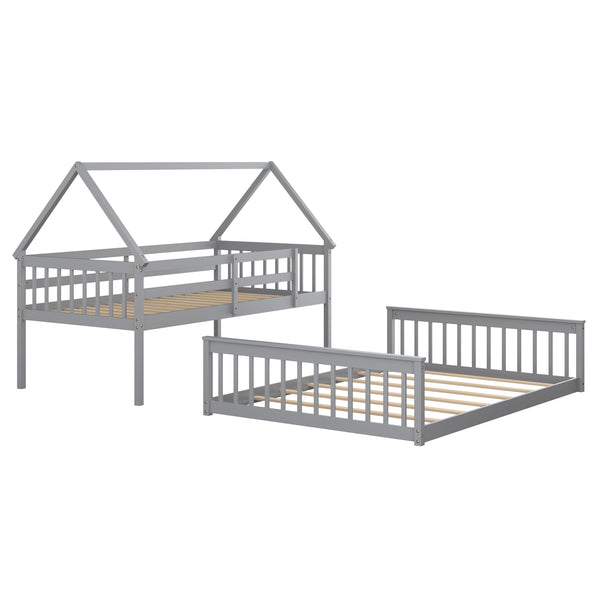 Single bunk bed over double bed with ladder and guardrail - Grey