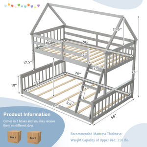 Single bunk bed over double bed with ladder and guardrail - Grey