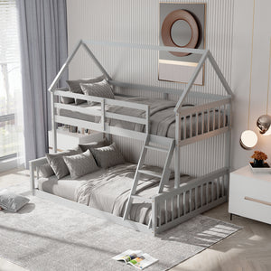 Single bunk bed over double bed with ladder and guardrail - Grey
