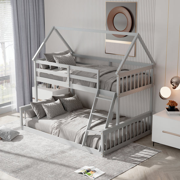Single bunk bed over double bed with ladder and guardrail - Grey