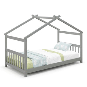 Lit simple pour enfant de type cabane en bois avec toit