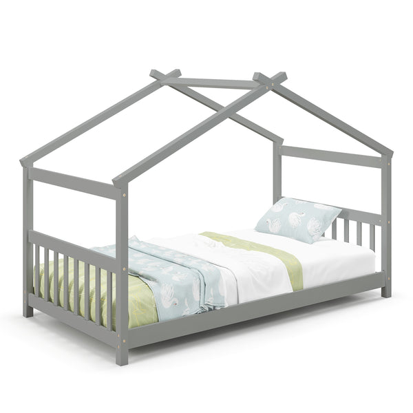 Lit simple pour enfant de type cabane en bois avec toit