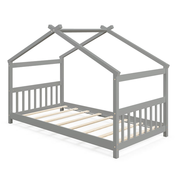Lit simple pour enfant de type cabane en bois avec toit