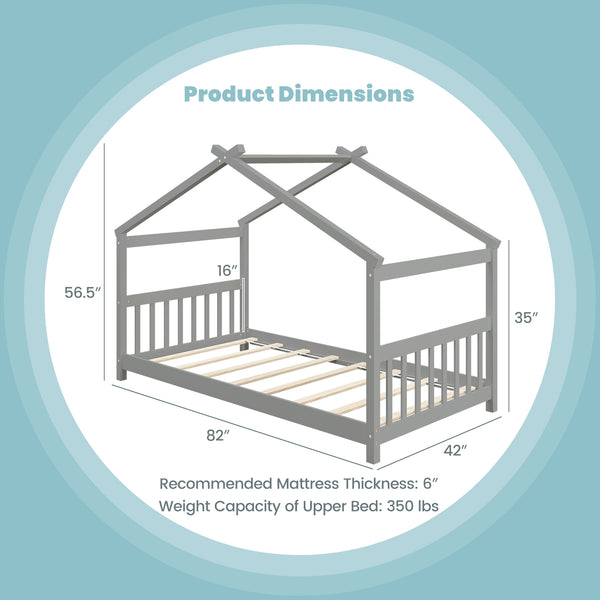Lit simple pour enfant de type cabane en bois avec toit