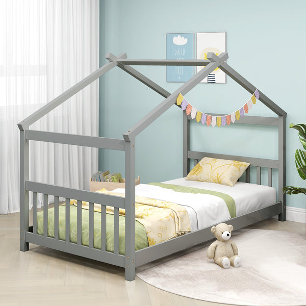 Lit simple pour enfant de type cabane en bois avec toit