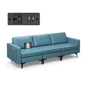 Canapé convertible en cuir avec poches pour magazines 3 places avec 2 ports USB - Bleu