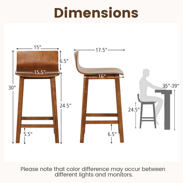 Set of 2 wooden bar stools with backrest and solid wood seat - Brown