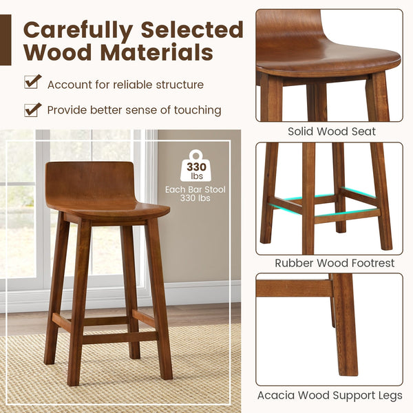 Set of 2 wooden bar stools with backrest and solid wood seat - Brown