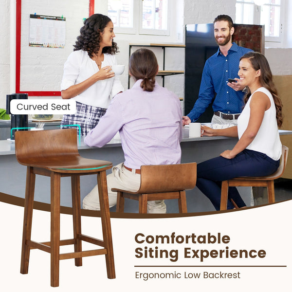 Set of 2 wooden bar stools with backrest and solid wood seat - Brown