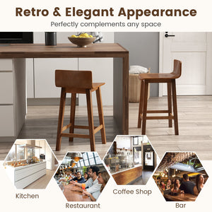 Set of 2 wooden bar stools with backrest and solid wood seat - Brown