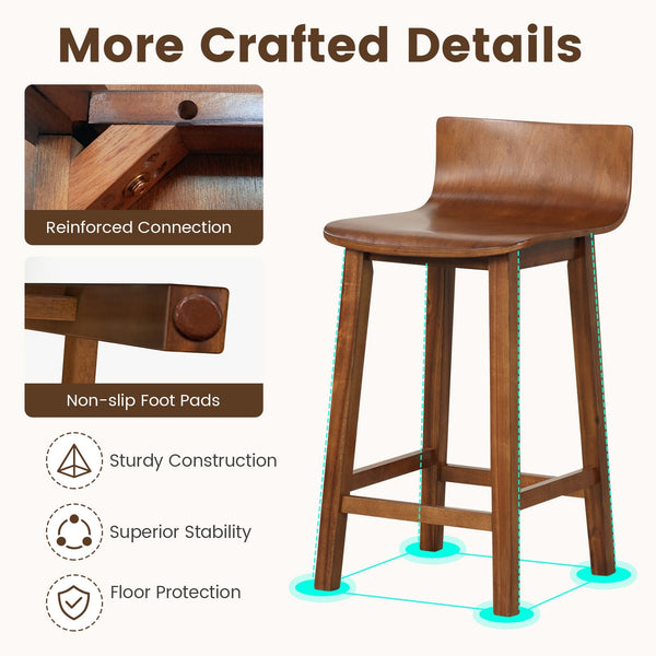 Set of 2 wooden bar stools with backrest and solid wood seat - Brown