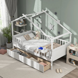 Bed with 2 storage drawers and roof and fence rails - White